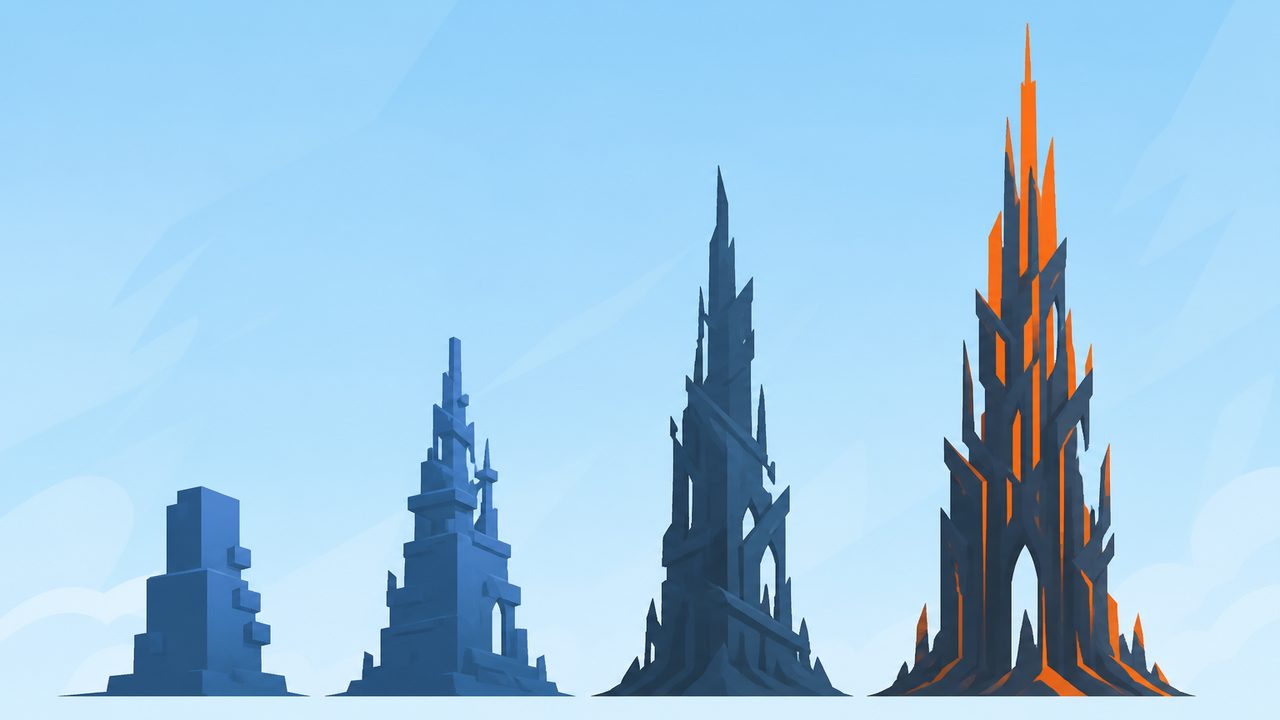 Four abstract tower silhouettes showing rising challenge