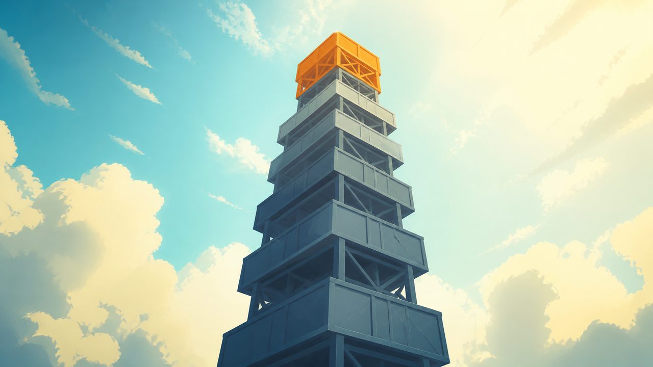 Tall stacked tower against a bright sky