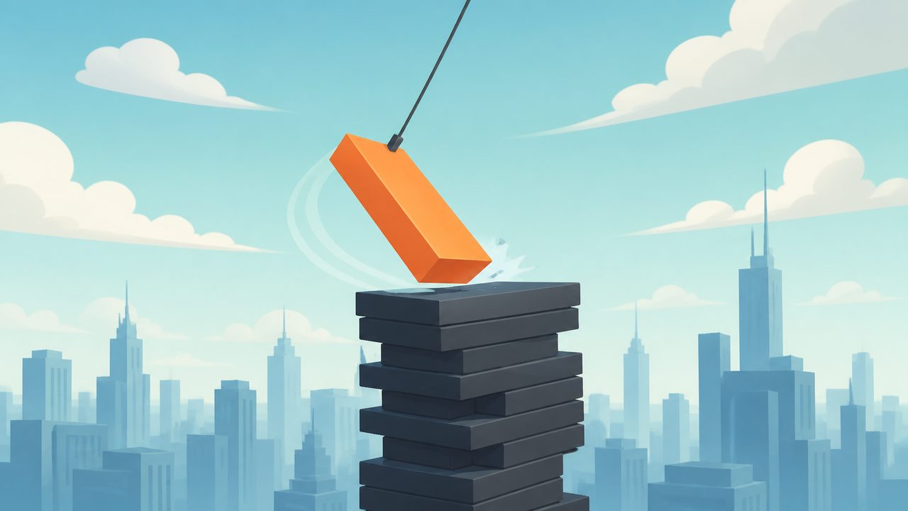 Swinging orange floor above a rising tower
